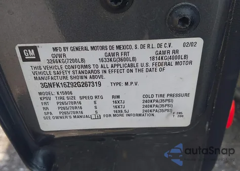 2002 Chevrolet Suburban 1500 Lt z USA, uszkodzony, nr VIN 3GNFK16Z92G267319